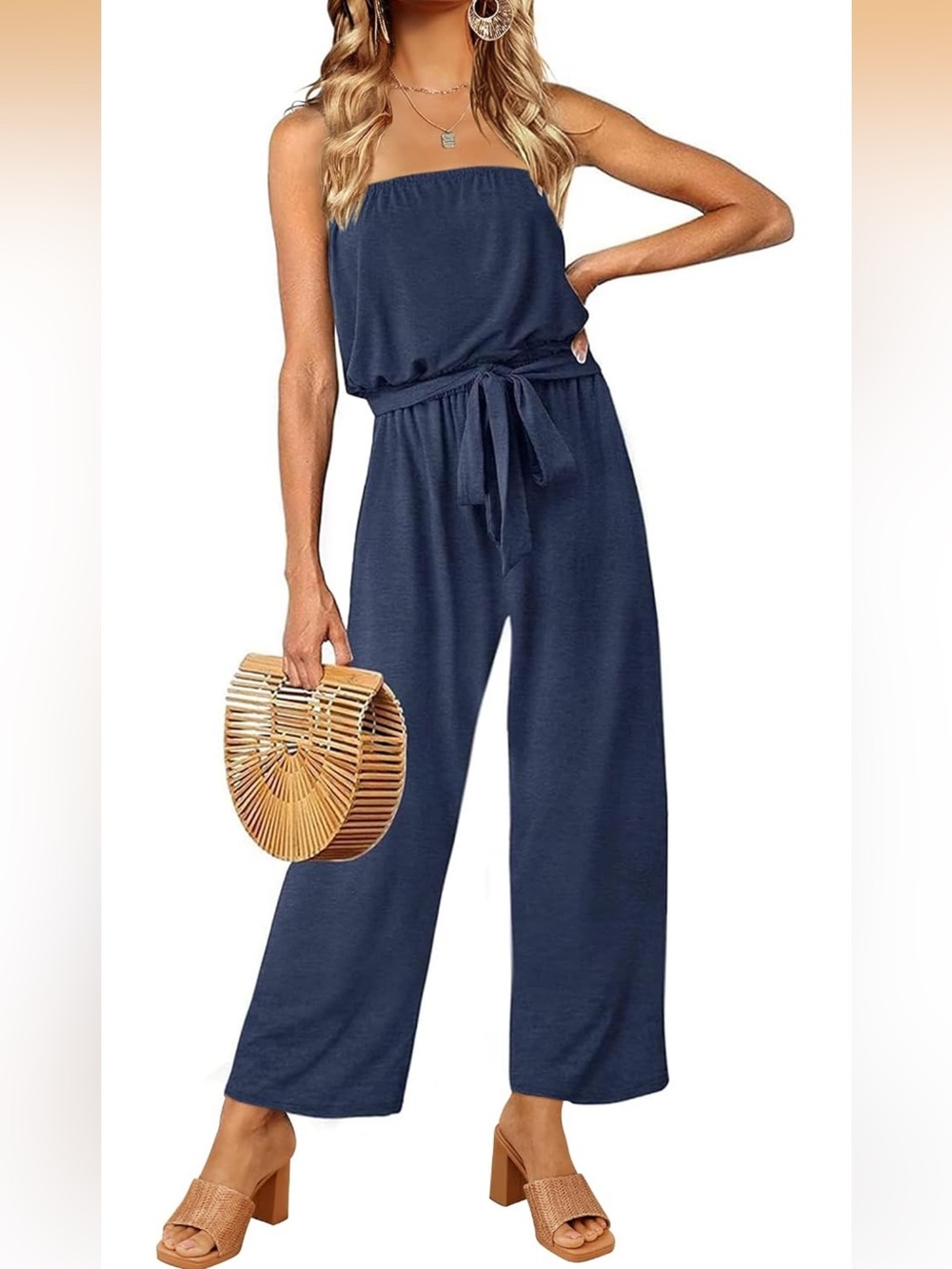 ZESICA Women’s Off Shoulder Navy Strapless Belted Wide Leg Jumpsuit Romper - Picture 8 of 13